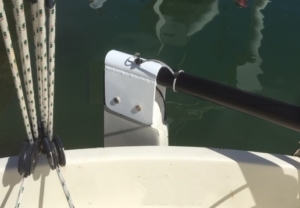 View of a installed Cal 20 Rudder Head and black anodized tiller on a Gresham Marine racing rudder with quick pin to securely hold the tiller to the rudder.